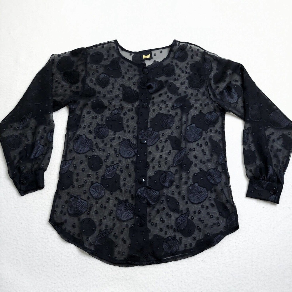 Sheer Black Vintage Blouse Womens L XL Dotti Seashells Sea Witch Mermaidcore
